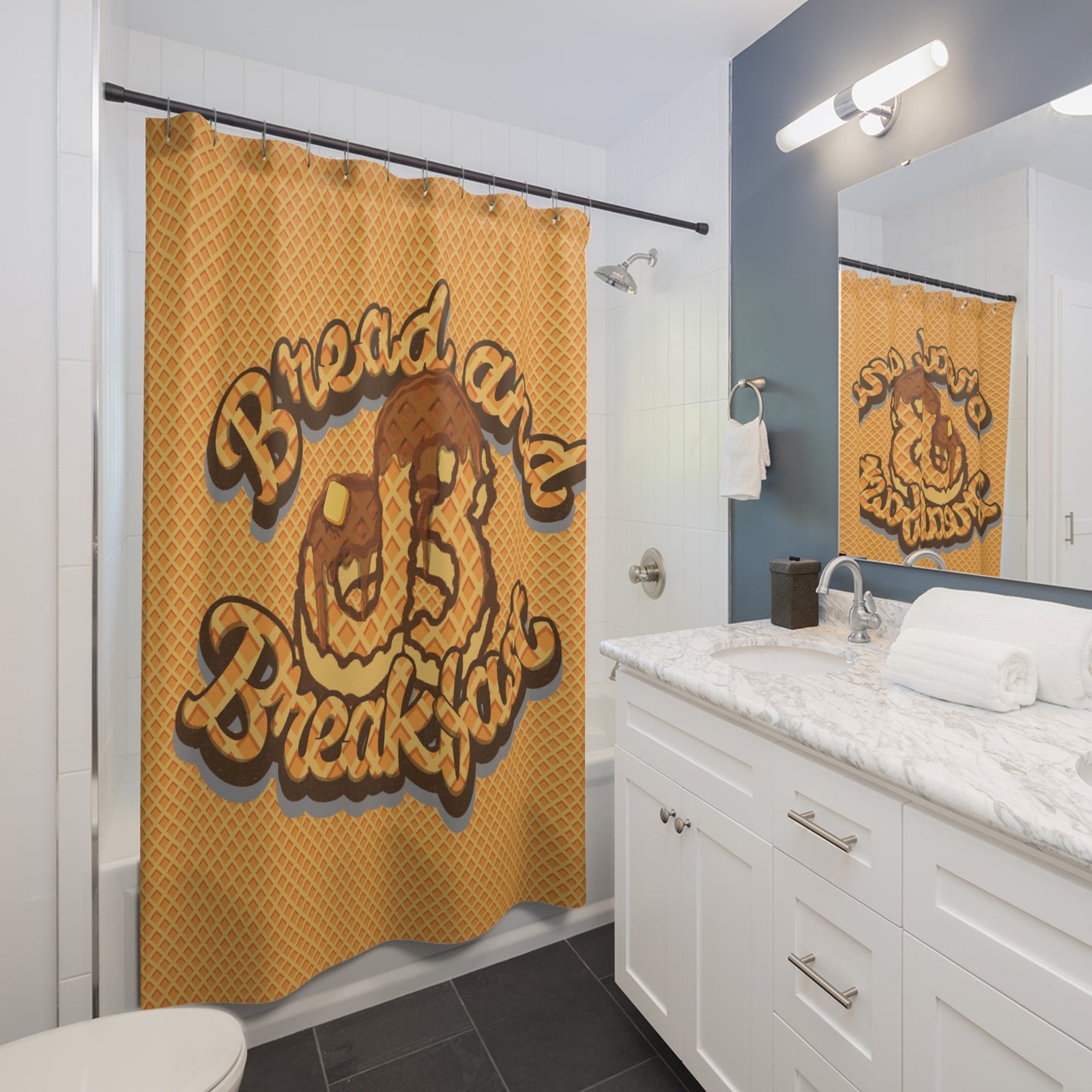 Bread and Breakfast Shower Curtain – Waffle & Syrup Bathroom Decor
