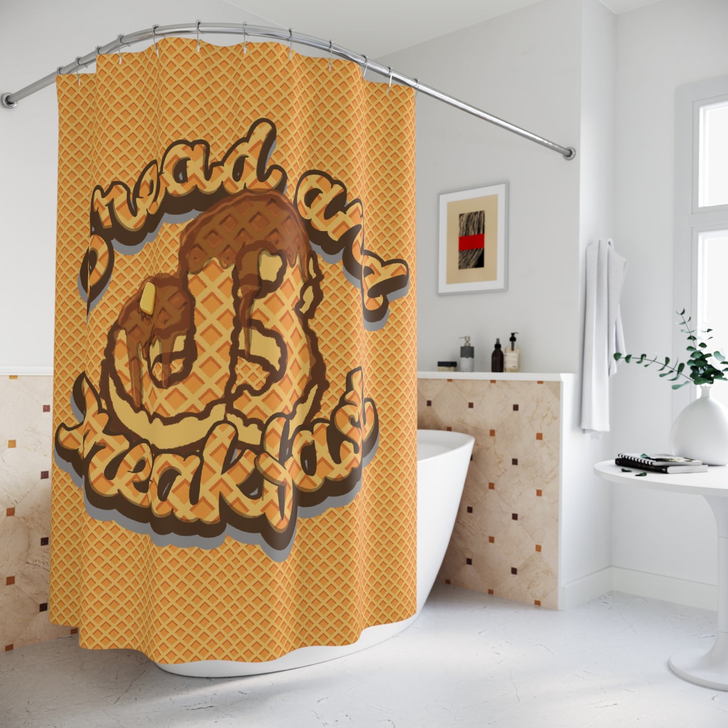 Bread and Breakfast Shower Curtain – Waffle & Syrup Bathroom Decor
